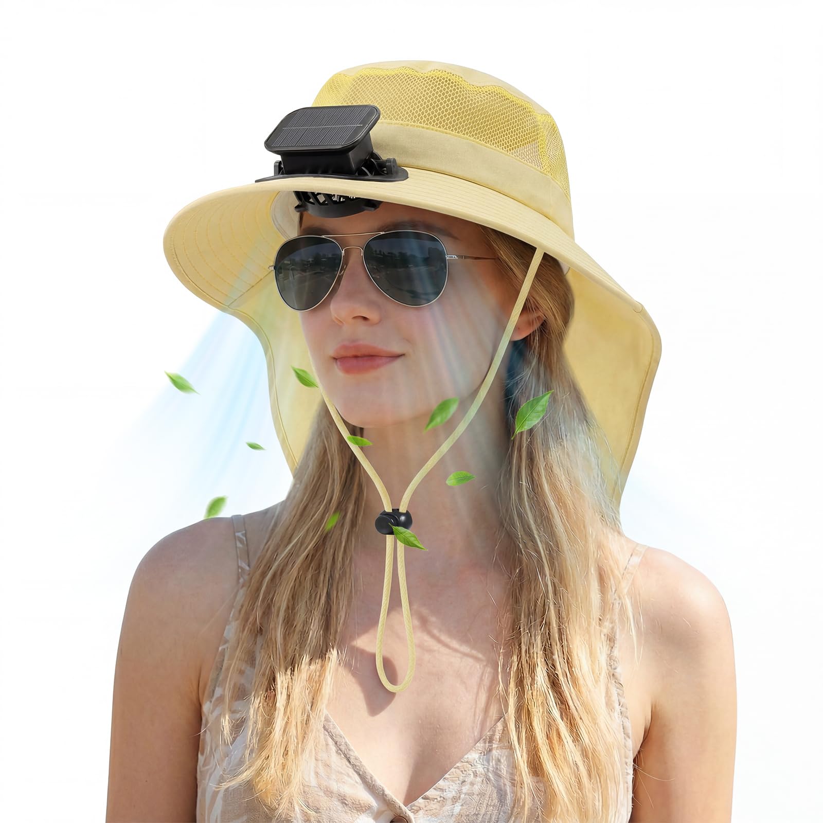 Solar Panel Powered Fan Built in Wide Brim Outdoor Fishing Sun Hat Men Husband Birthday Valentines Ideal from Wife Romantic Anniversary Best Cool Gadget Awesome Who Have Everything Beige