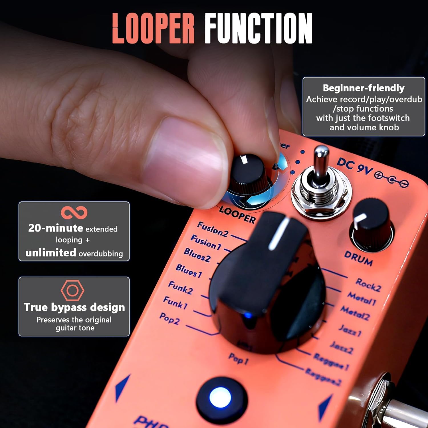 AITONE Looper Drum Machine Guitar Pedal 20 Minute Loop 16 Drum Grooves Tap Tempo True Bypass Mini Metal Effects Pedal for Electric Guitar Practice (AT-01)