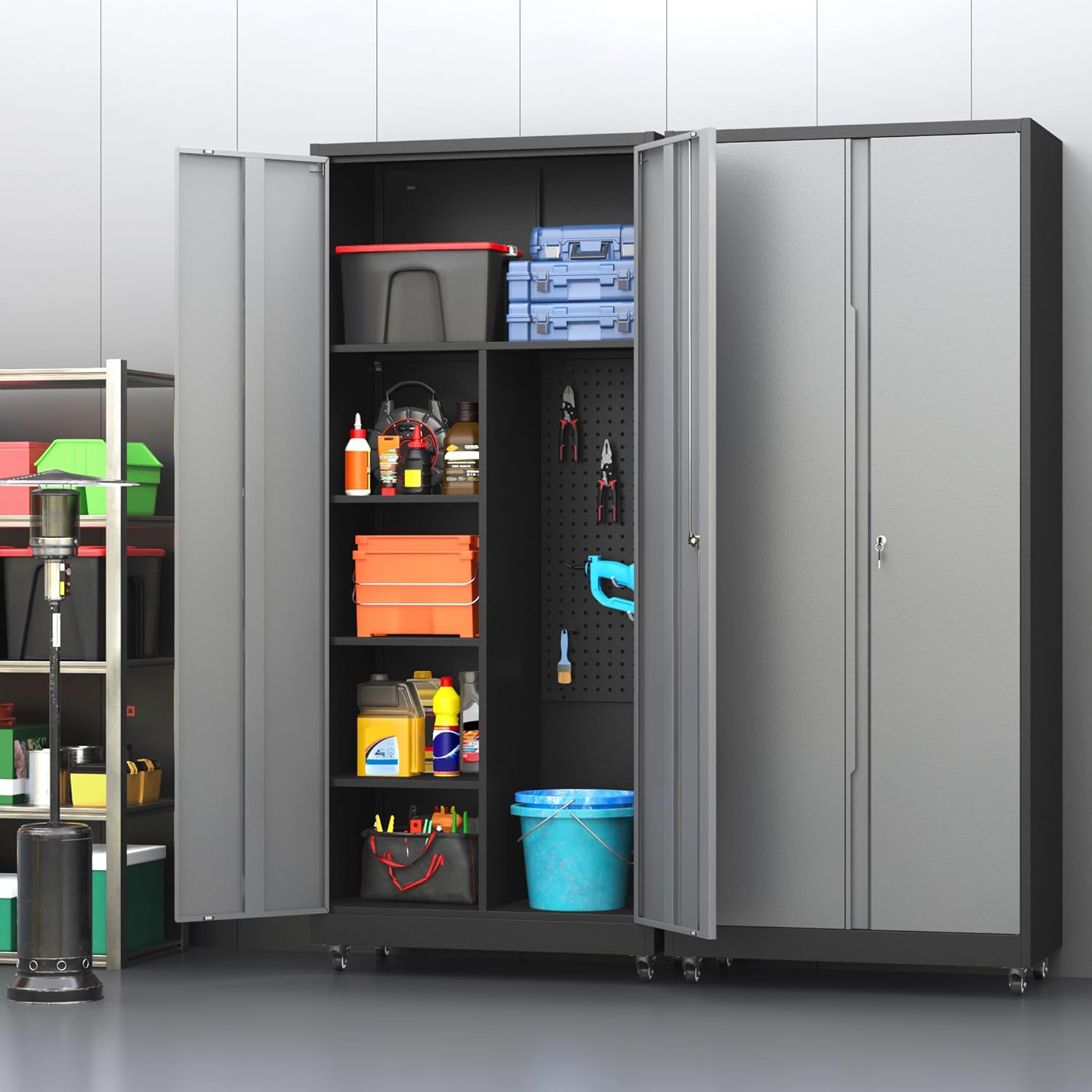 Garage Cabinet with 4 Wheels, 71" H Tool Storage Cabinets, Garage Storage Cabinets with Adjustable Shelves, Broom Closet Cabinets for Utility Room,Workshop