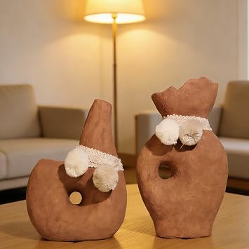 Modern Rustic Farmhouse Ceramic Vase 8 inch, Handmade Terracotta Vases with Pom Poms, Small Clay Vase for Home Decor, Shelf Entryway Table Living Room