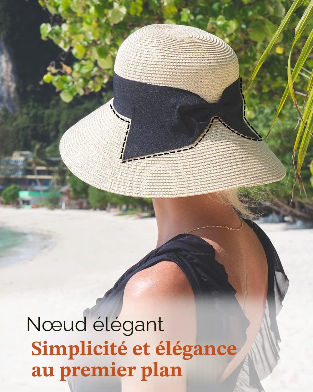 Comhats Chapeau de paille à large bord pour femme, chapeau d’été pliable avec nœud papillon pour la plage, convient pour queue de cheval, UPF 50