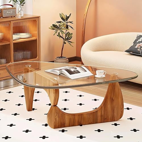Miniatura 20 de Mesa de Centro Triangular con Base de Madera, Superficie de Vidrio Transparente, Mesa de Cristal de Mediados de Siglo, Mesa Auxiliar Abstracta para