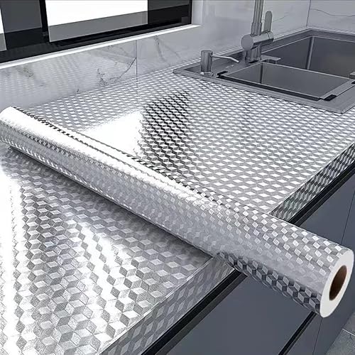 Adhesivo de papel de aluminio impermeable a prueba de aceite, papel tapiz de cuadros plateados, extraíble y autoadhesivo, para encimeras de cocina,