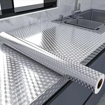 Waterproof, Oil & Heat Resistant Aluminum Foil Wallpaper - Peel and Stick Backsplash - Self-Adhesive Removable for Kitchen Countertop Cover, Drawer, Appliance Cover 15.7"x197", Silver Chequer