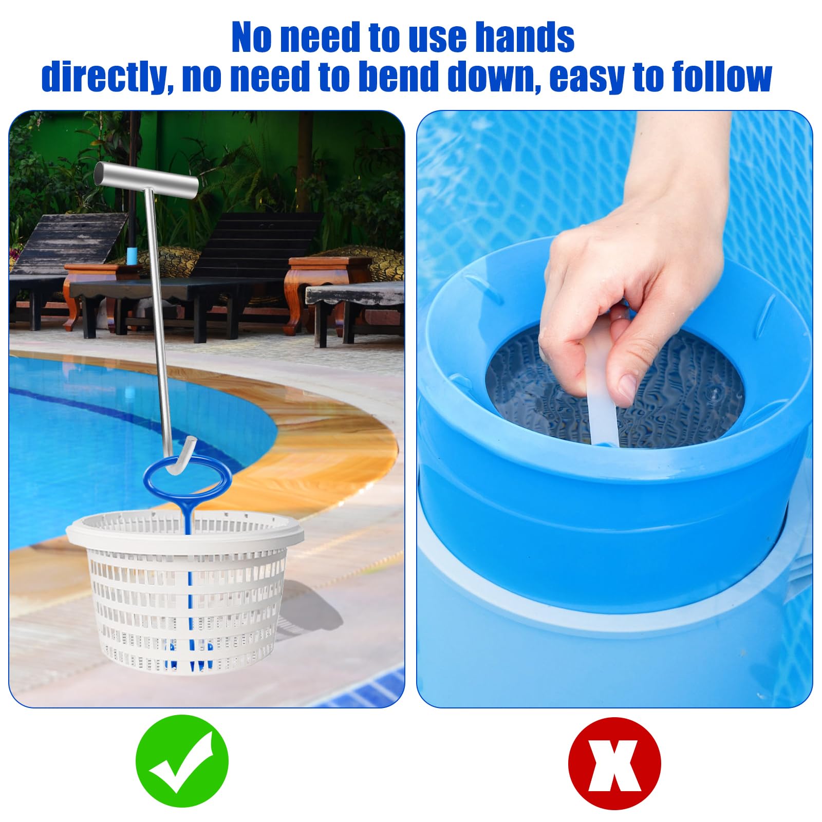 2 asas de cesta de skimmer de piscina con gancho de cesta de skimmer de piscina, herramienta de limpieza universal para todas las cestas de skimming, herramienta de limpieza de mango de cesta