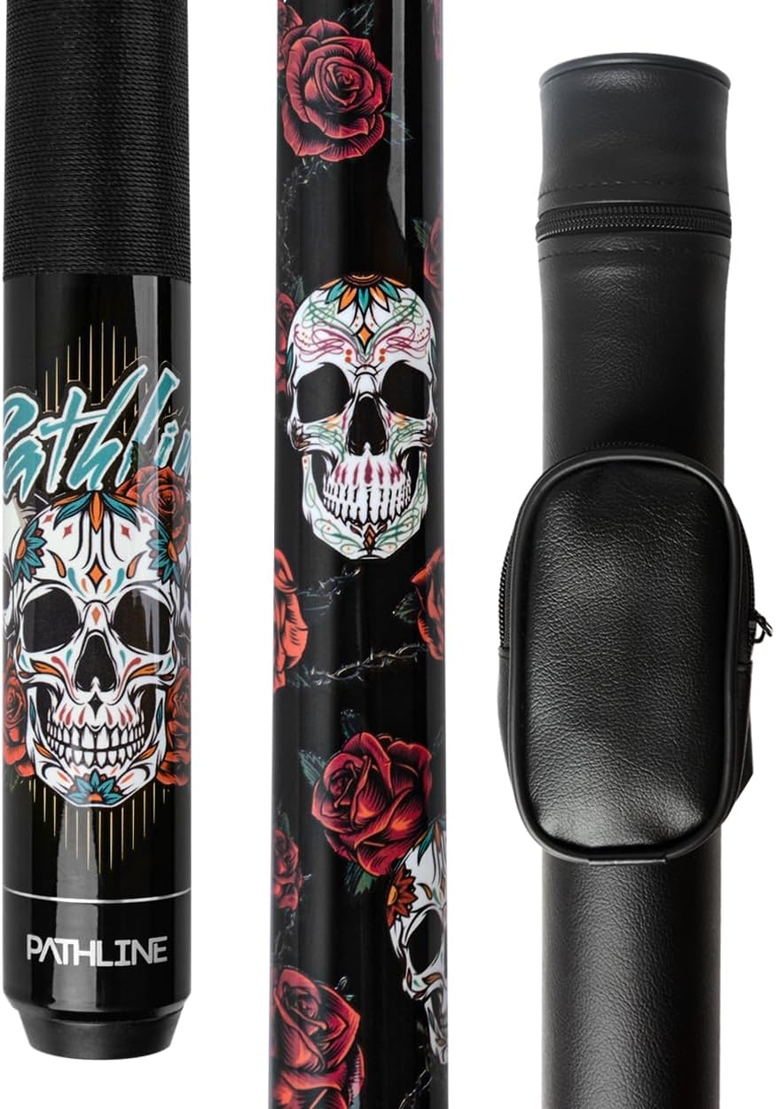 Pathline Skull Pool Cue Stick 58" Canadian Maple 13mm Tip with Hard Case, Gloves & Protectors