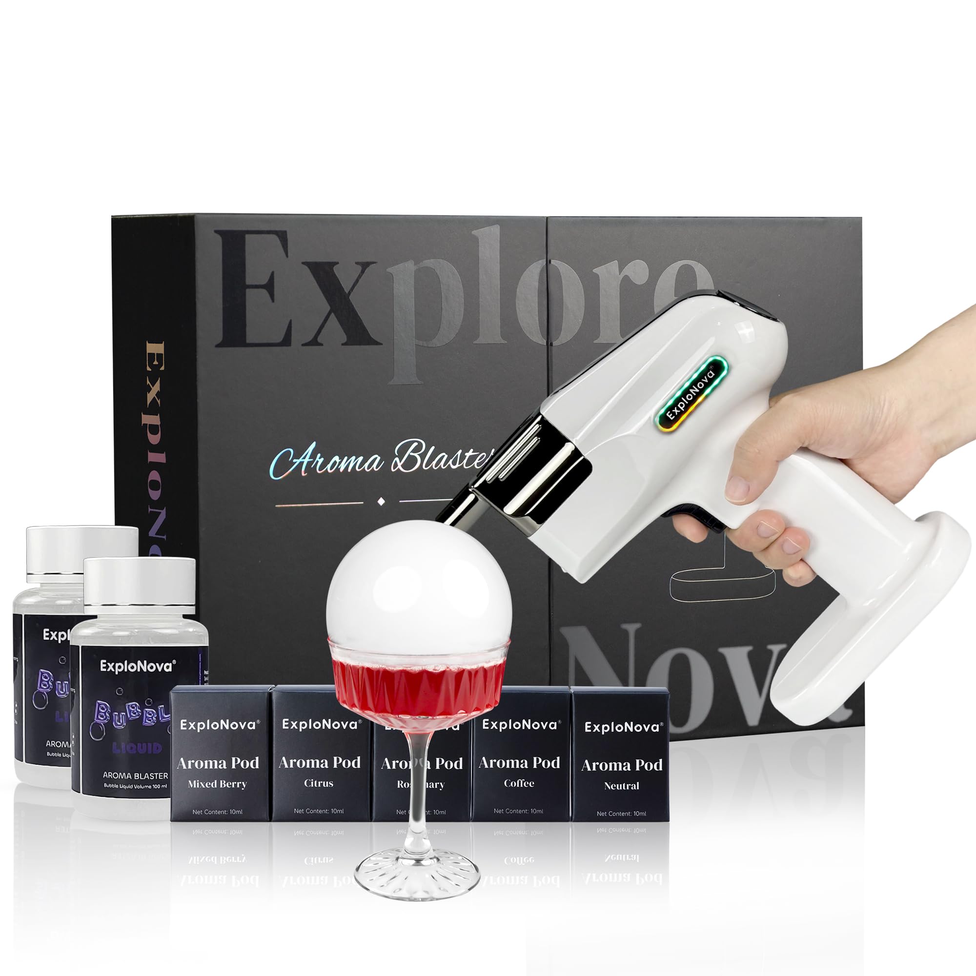Cocktail Smoke Bubble Gun with 5 Flavour Aroma Pods and Edible Bubbles, whiskey smoker kit, Food Drink Decor Perfect for Bar, Party and Home, Gift for Engagement & Birthday - White