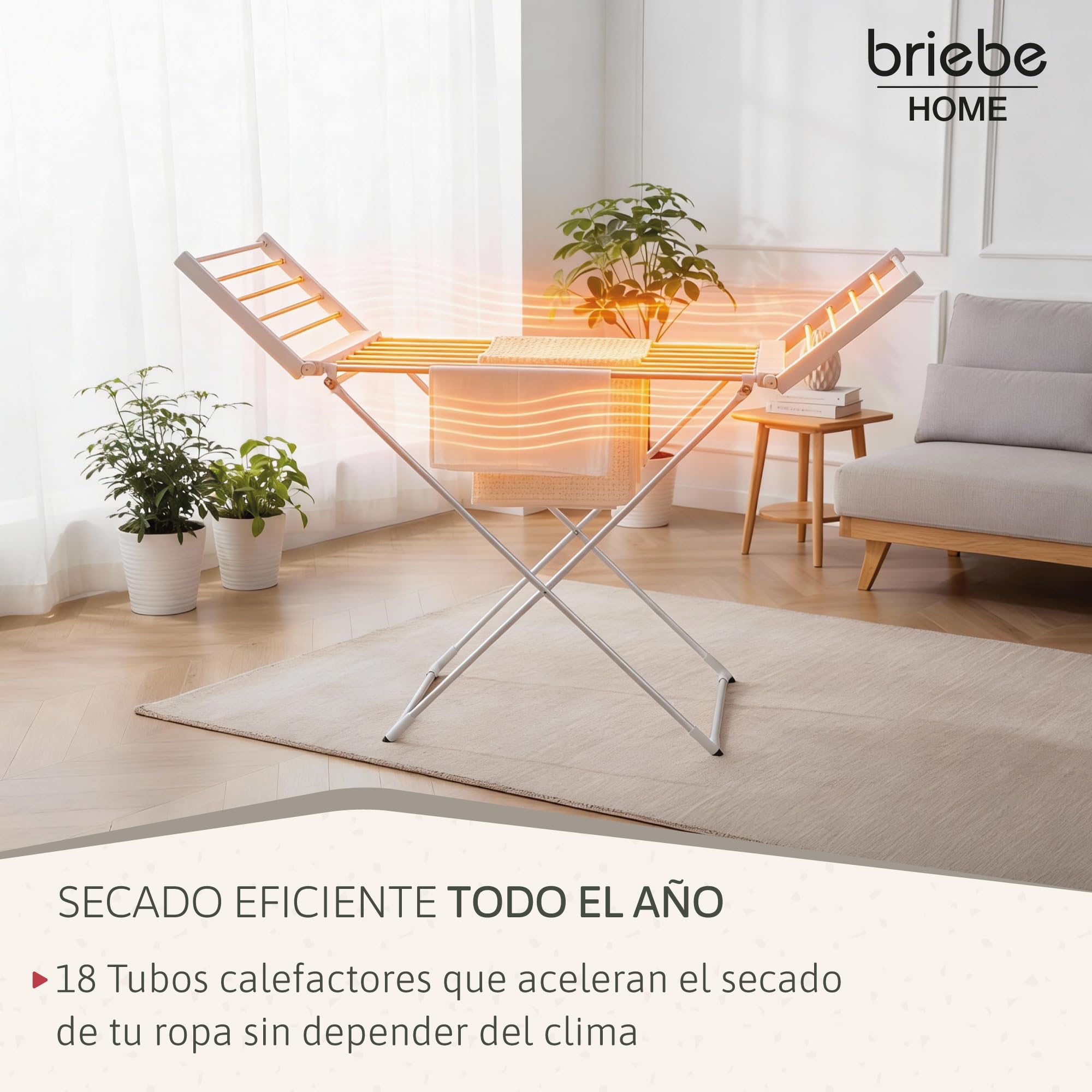 briebe Tendedero Eléctrico Plegable Ropa | Bajo Consumo 18 Calentadores | Secado Rápido y Eficaz | Compacto, Ligero y Portátil | Ahorra Espacio | Interiores | Aluminio