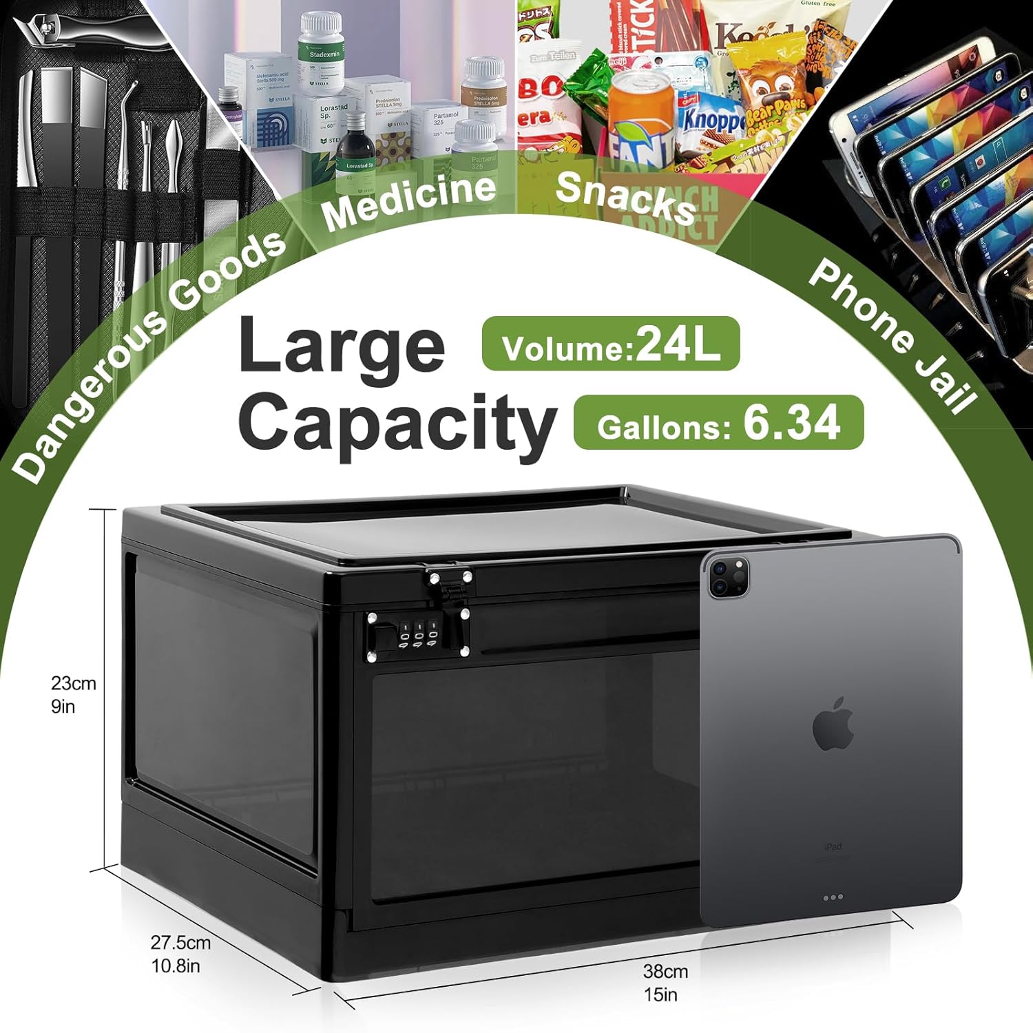 Medicine Lock Box Large for Refrigerator, Locked Storage Bin with 2 Combination Locks, Clear Locking Box for Safe Medication, Food, Snacks & Phone, for Home & Office Organizer 24L (Black)