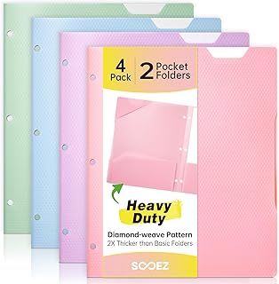 Sooez 4 Pack Plastic Folders with Pockets, Heavy Duty, Fits 3-Ring Binder | Pockets Folder for 3 Ring Binder with Writable Label, Letter Size, Pastels