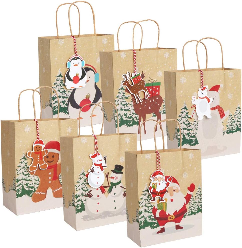 8-Pack Christmas Kraft Paper Gift Bags With Handles - Holiday Print Party Favor Bags