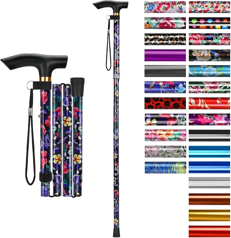 Folding Cane, 5-Level Adjustable Height Walking Stick Lightweight Collapsible Portable Travel Cane with Wrist Strap and T Handle for Elderly Disabled Men Women