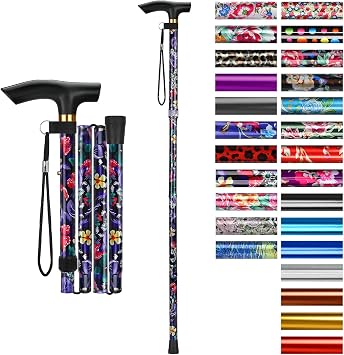 supregear Folding Cane, 5-Level Adjustable Height Walking Stick Lightweight Collapsible Portable Travel Cane with Wrist Strap and T Handle for Elderly Disabled Men Women