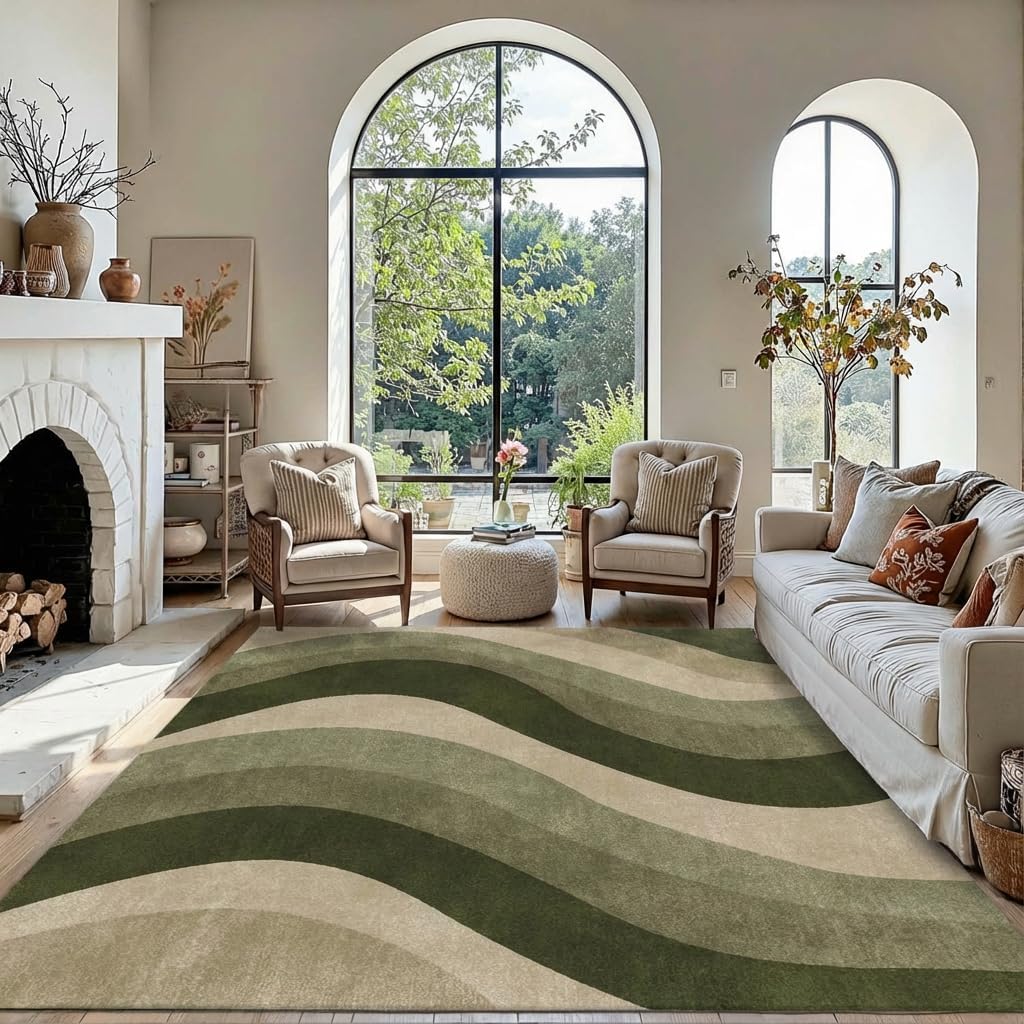 5x7 Modern Wavy Striped Area Rug for Living Room,Olive Green & Beige Gradient Wave Pattern Non-Slip Washable Backing Bedroom
