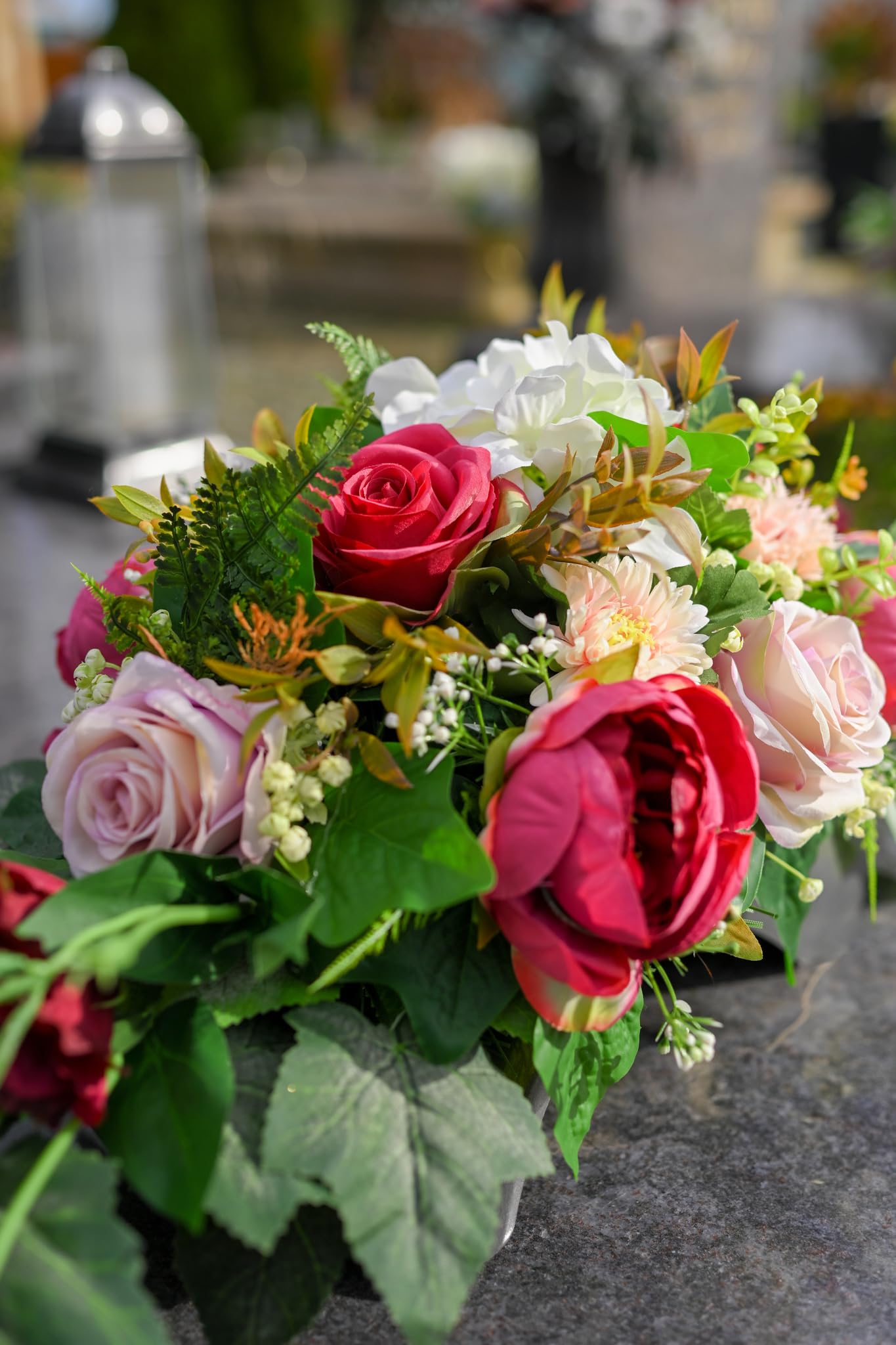 Generisch Grabaufleger aus künstlichen Textil Seidenblumen Rosen länglich 80cm groß XXL Friedhofsgesteck für Totensonntag Beerdigung wie Echt (Rosa)