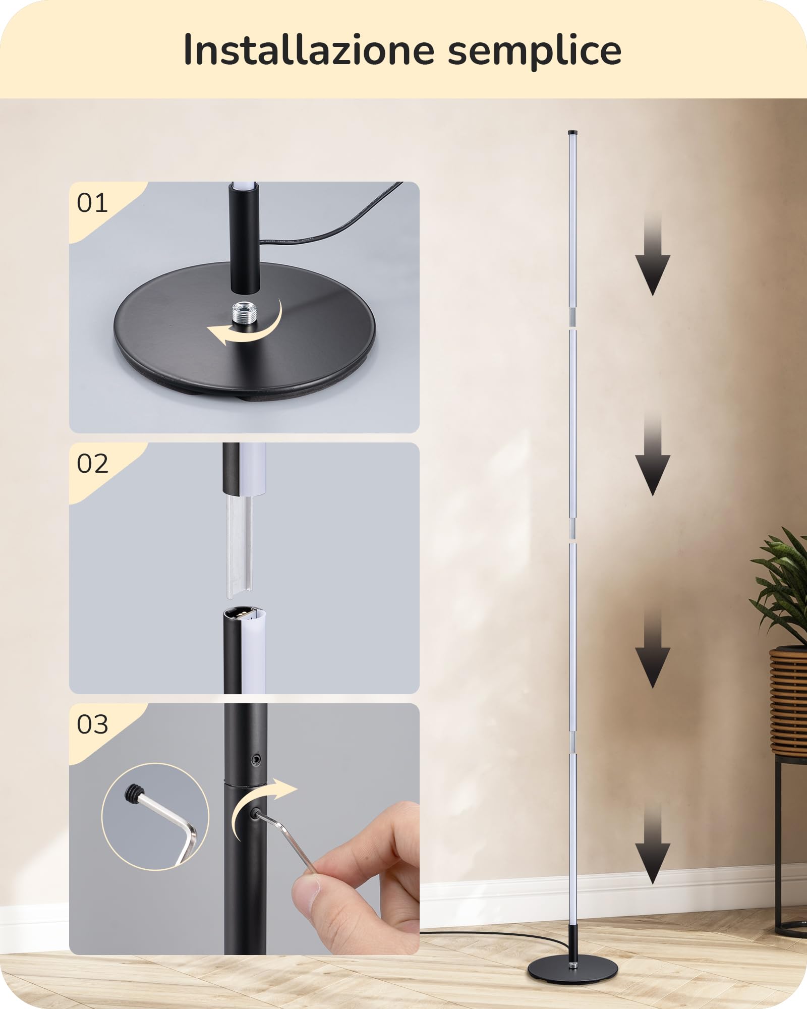 EDISHINE Lampada da Terra LED, Altezza Regolabile, 3000-6000K, Nero | 3 Temperature Di Colore & Dimmerazione Continua, Lampada Angolare Moderna Per Camera E Ufficio Fino A 152 cm