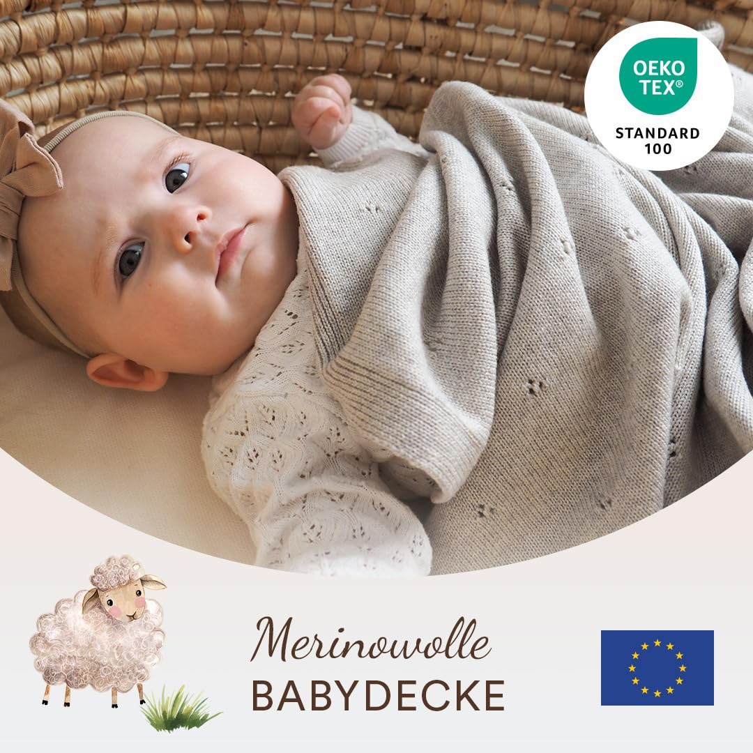 WABEN-STRICKDECKE Baby & Kinder - 100% Bio-Merino - heerlijk zacht & warm - 80 x 100 cm - duurzaam & eerlijk - in mooi wabenstrickpatroon, gemaakt in Duitsland | Eucalyptus