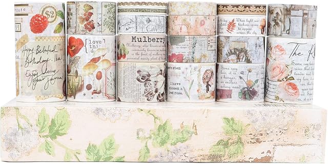 LGEGE 18 Rolls Vintage Washi Tape Set,75/50/30/25/20/15/10/5 mm Wide,Floral Butterfly Mushroom Flower Leaves Jungle Gift Old Letter,Retro Masking Tape Décor for Scrapbook,DIY Craft (2m)