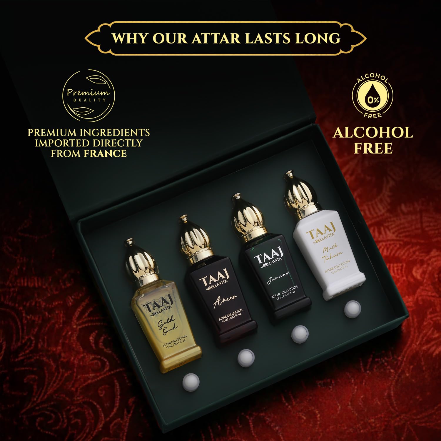 BELLAVITA Luxury Taaj Attar | Long Lasting Unisex Gift Set for Man and Woman 4x12ml | Caramel, Lemon, Cinnamon, and Musk | Non-Alcoholic Roll On | Oud, Floral, Musk | Attar for Men and Women - Image 5