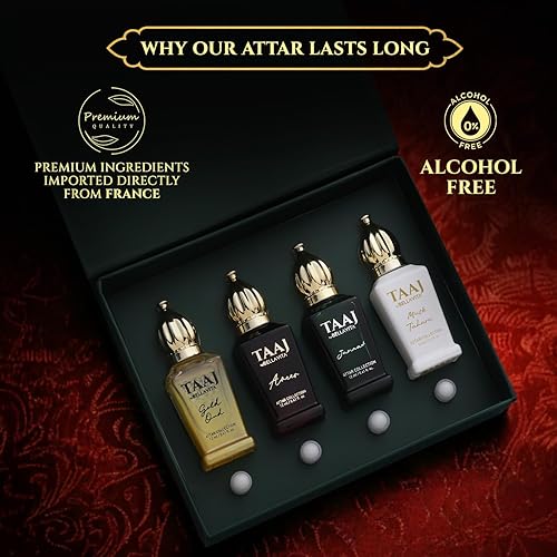 Miniatura 4 de BELLAVITA Taaj Attar de lujo  Set de regalo unisex de larga duración para hombre y mujer, 4 x 0.4 fl oz, caramelo, limón, canela y almizcle, roll-on