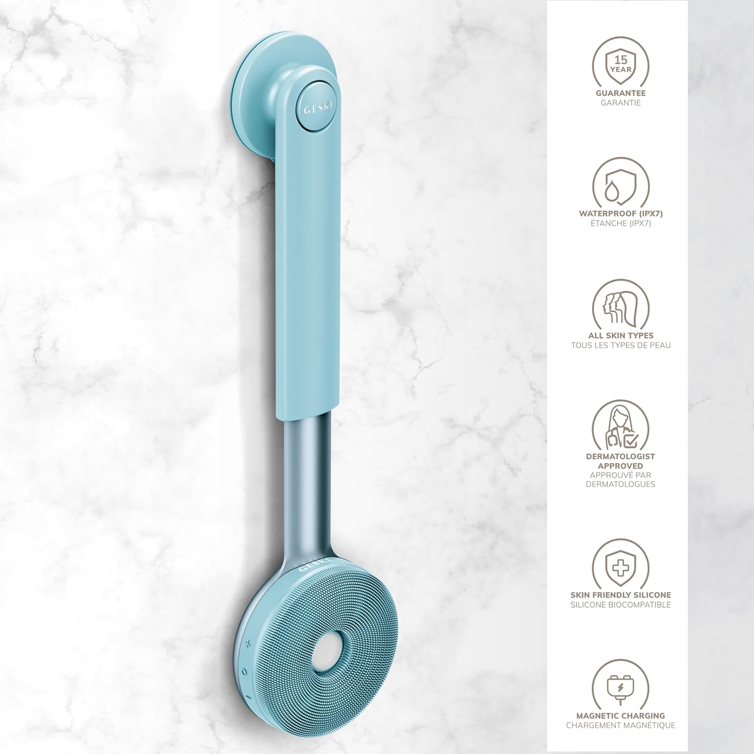GESKE LED Sonic Full-Body Brush on a wall mount with features including 15-year guarantee