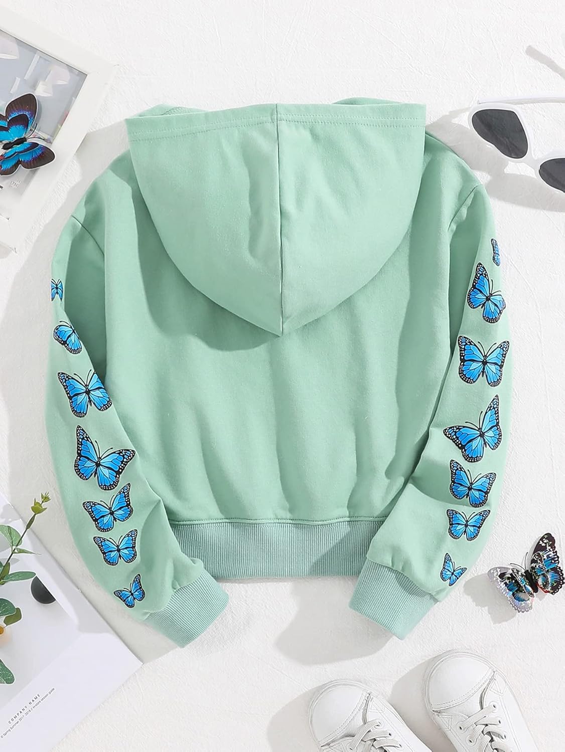 SHENHE Girl's Cute Butterfly Print Crop Hoodies Long Sleeve Pullover Sweatshirt Crop Top - Image 2