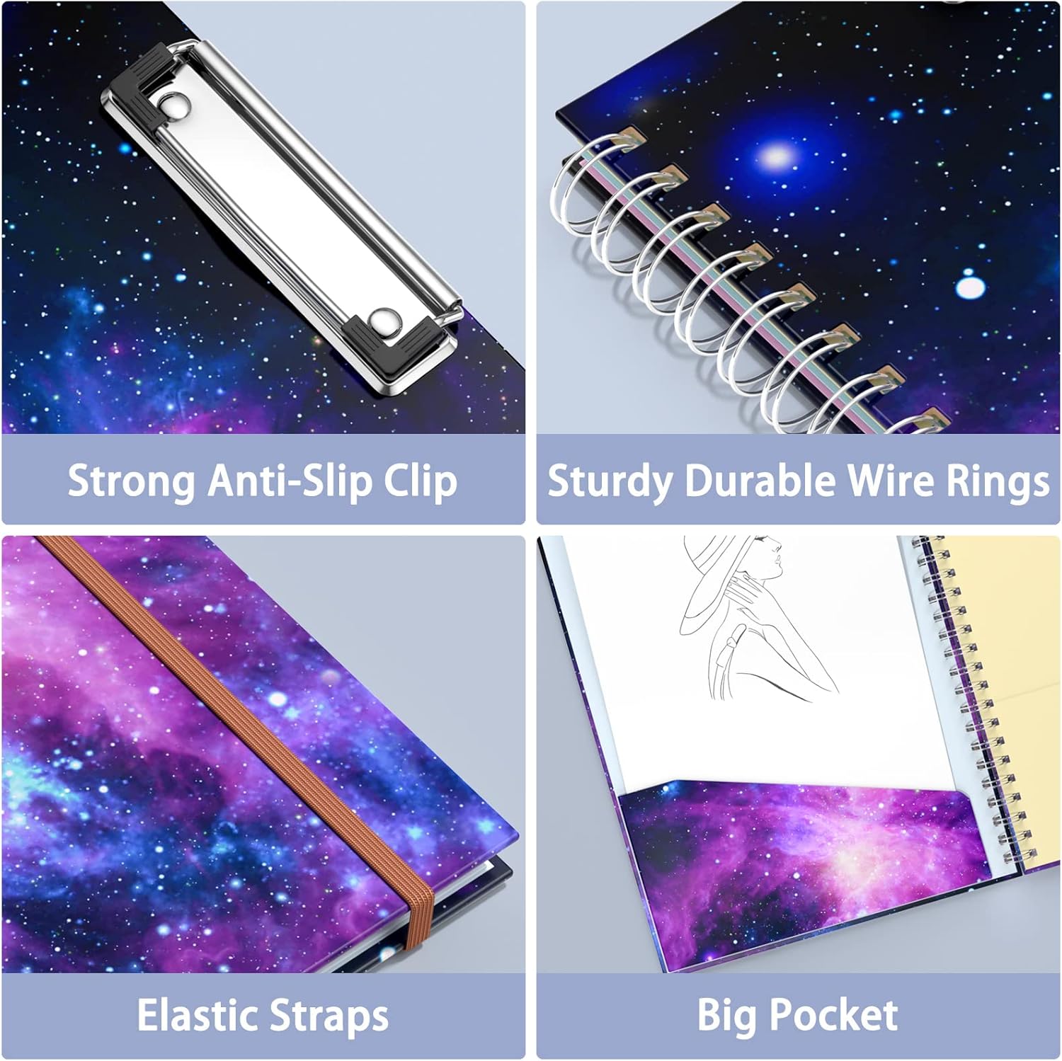Rimilak Spiral Clipboard Folio with Refillable Lined Notepad, 14.5 x 9.8 In, Hardcover Cover with 5 Interior Pockets, Elastic Band and Pen Loop Series. Cute Stylish Clipfolio, Galaxy
