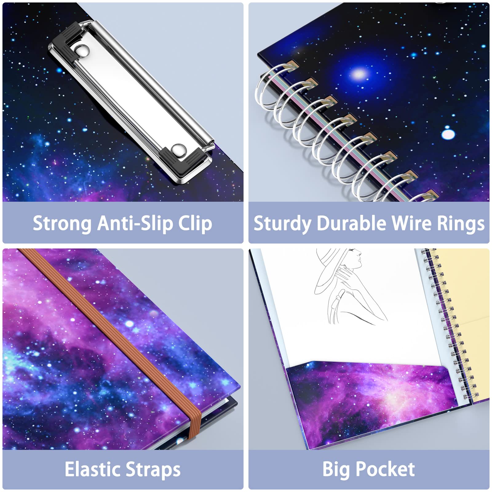 Rimilak Spiral-Klemmbrett, mit nachfüllbarem, liniertem Notizblock, 36,7 x 24,8 cm, Hardcover-Klemmbrett mit 5 Innentaschen, Gummiband und Stiftschlaufen-Serie Niedliches, stilvolles Clipfolio, Galaxy