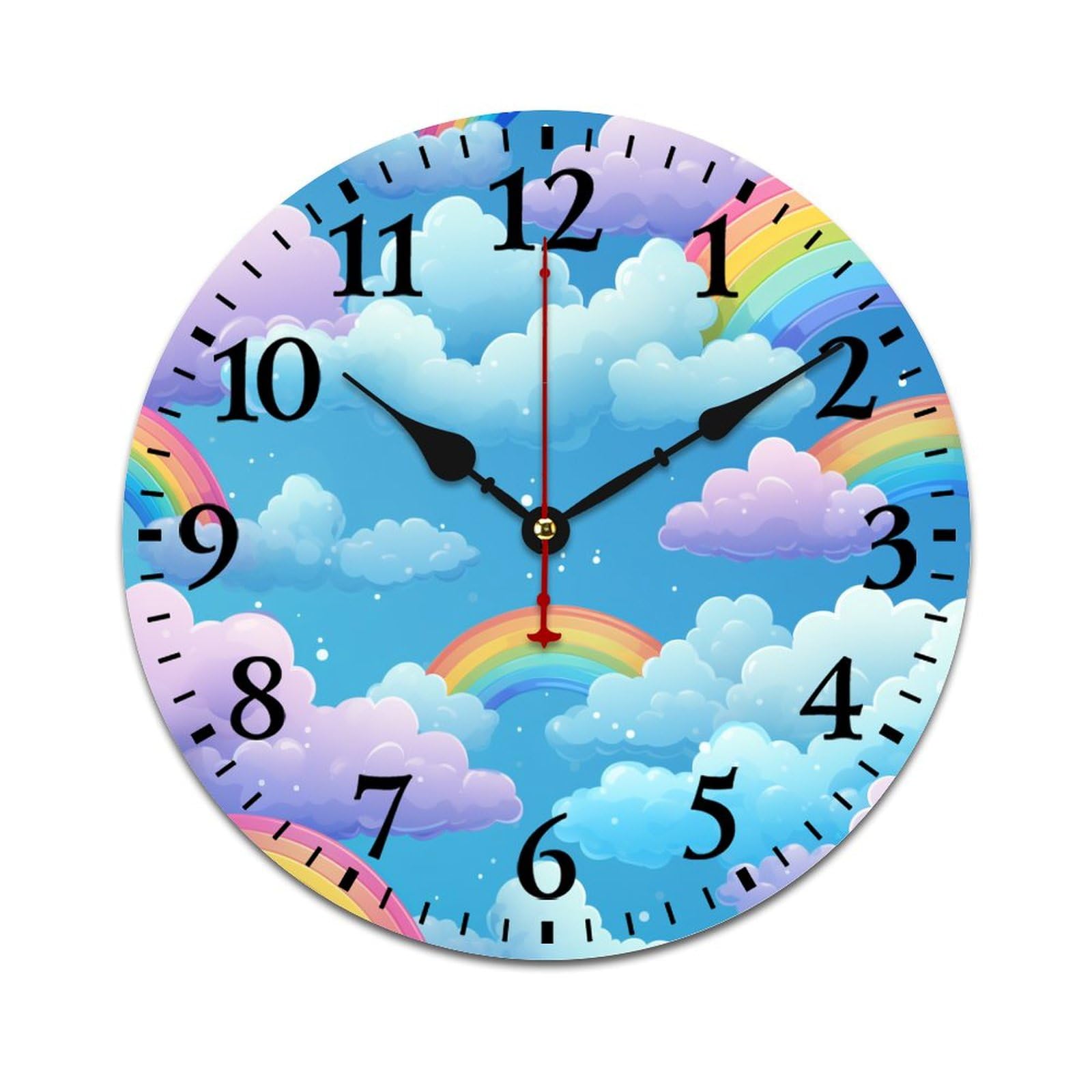 HighonHi Clouds and Rainbows Wall Clocks Nursery Watercolor Colorful Sun Cloud Rainbow Rain Kitchen Wall Clock Battery Operated Silent Non-Ticking Kitchen Dining Room Arabic Numeral 16 Inch Round
