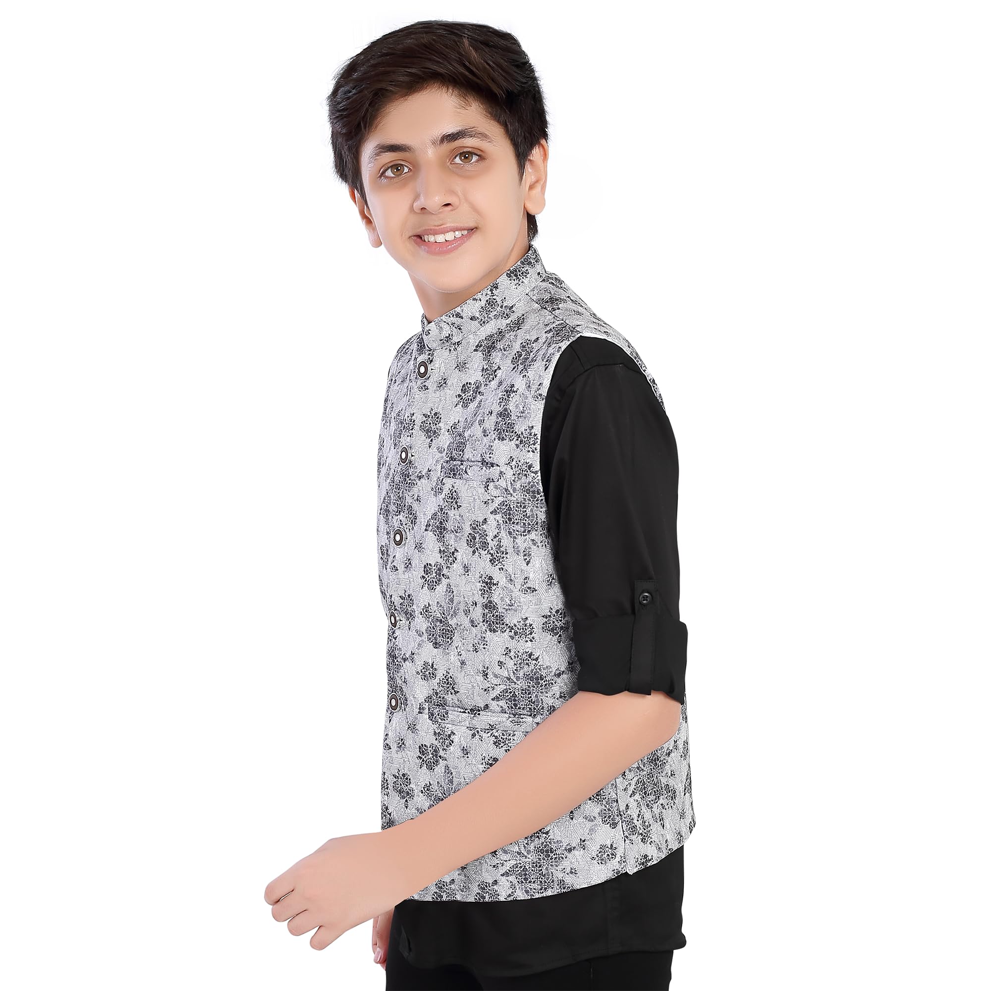 CHARCHIT Boys Black Printed Nehru Jacket and Shirt