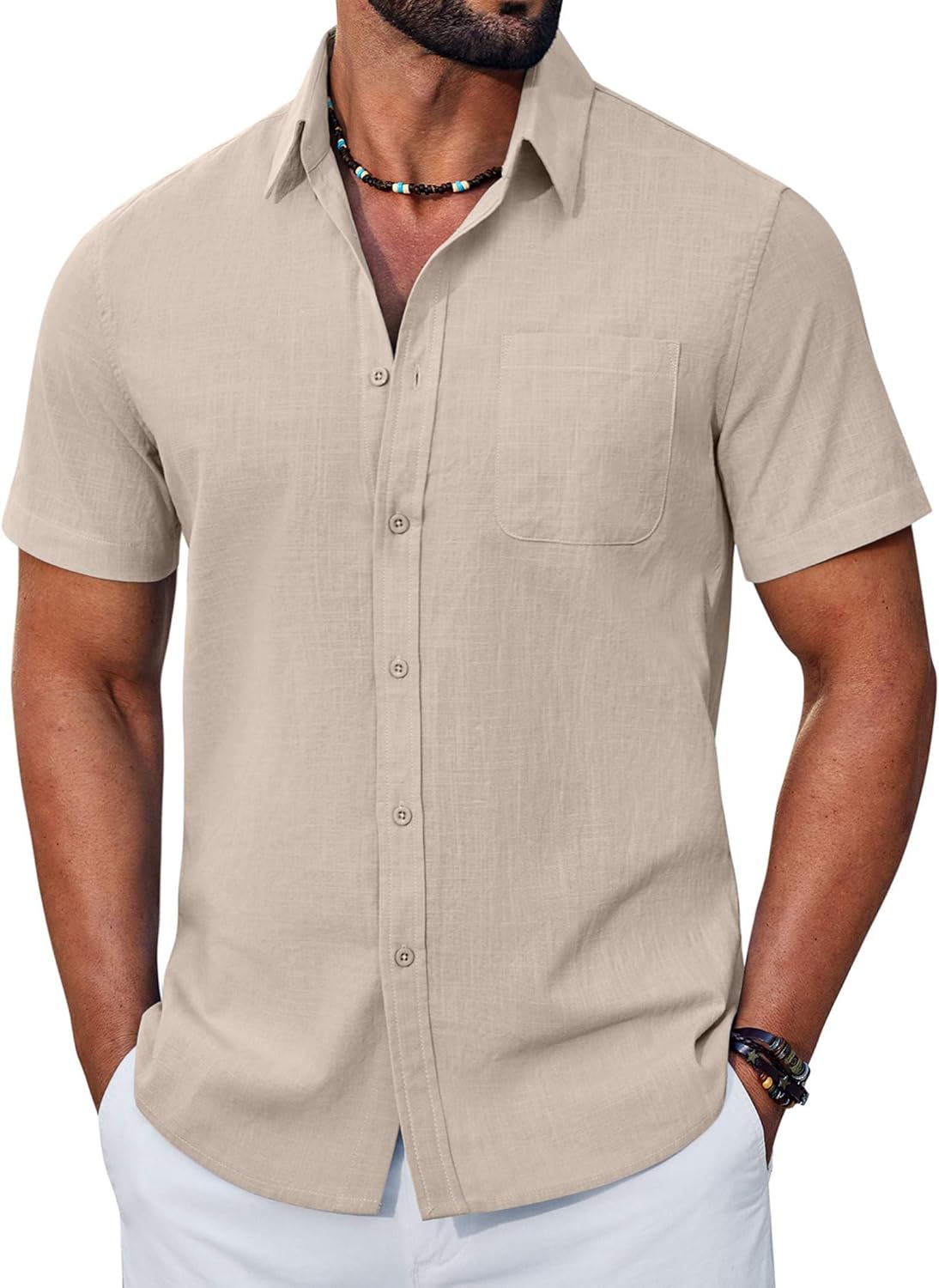 COOFANDY Mens Button Down Shirt Short Sleeve Casual Stylish Cotton Shirts Linen Textured Summer Beach Wedding Shirt