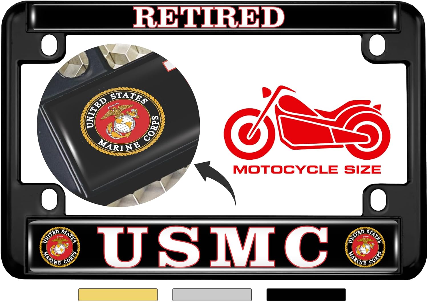 [Officially Licensed US Marine Corps Product] - Motorcycle Domed Custom-Made Personalized Metal License Plate Frame Frame with USMC Retired Design - Black