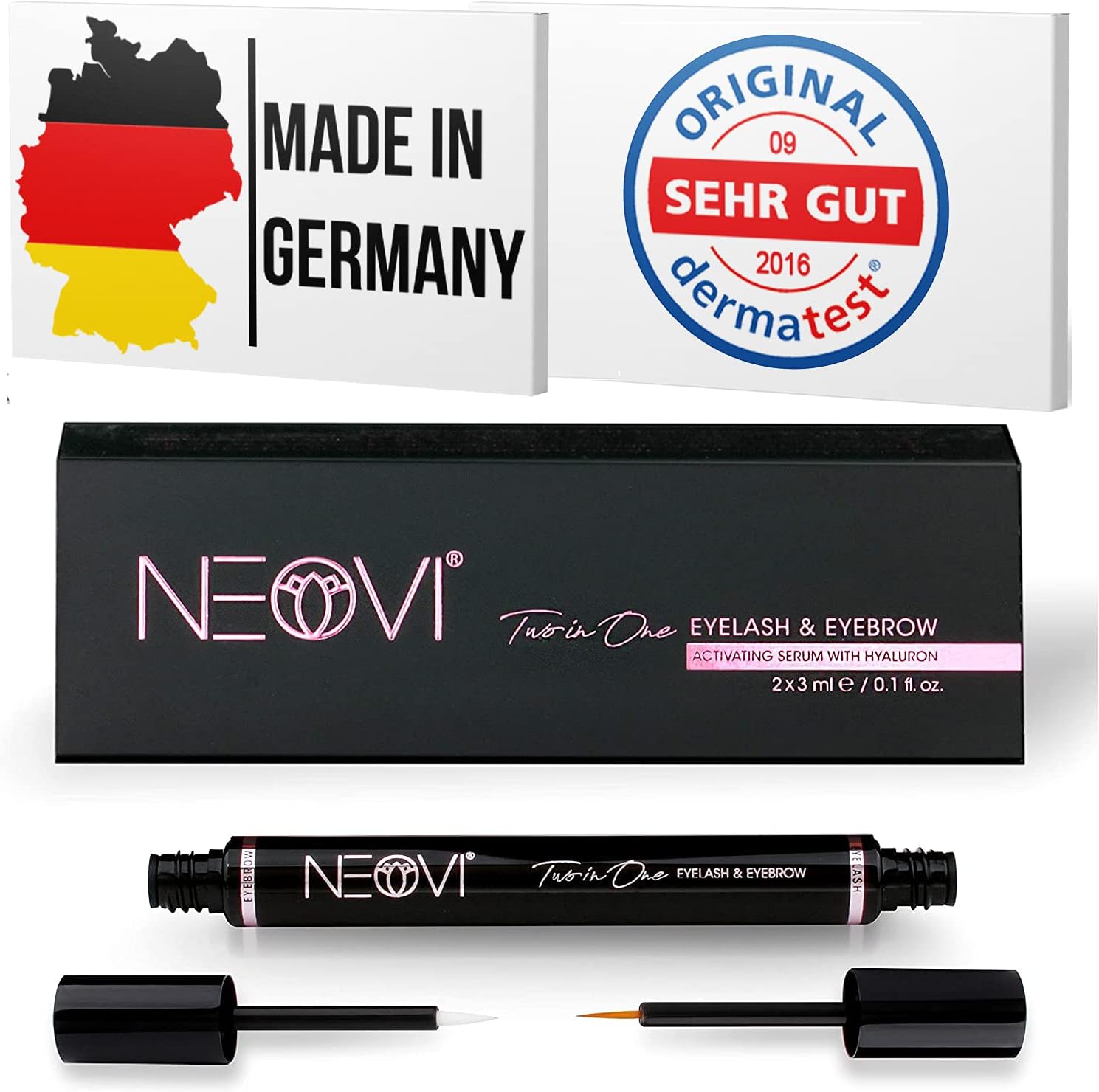 NEOVI Eyelash + Eyebrow Enhancing ACTIVATING Growth Serum with HYALURON For Fuller, Longer, Thicker, Stronger, Healthier, Luscious Lashes & Brows “DERMA-TEST Certified” Made in GERMANY 6 ML 0.2 Fl Oz