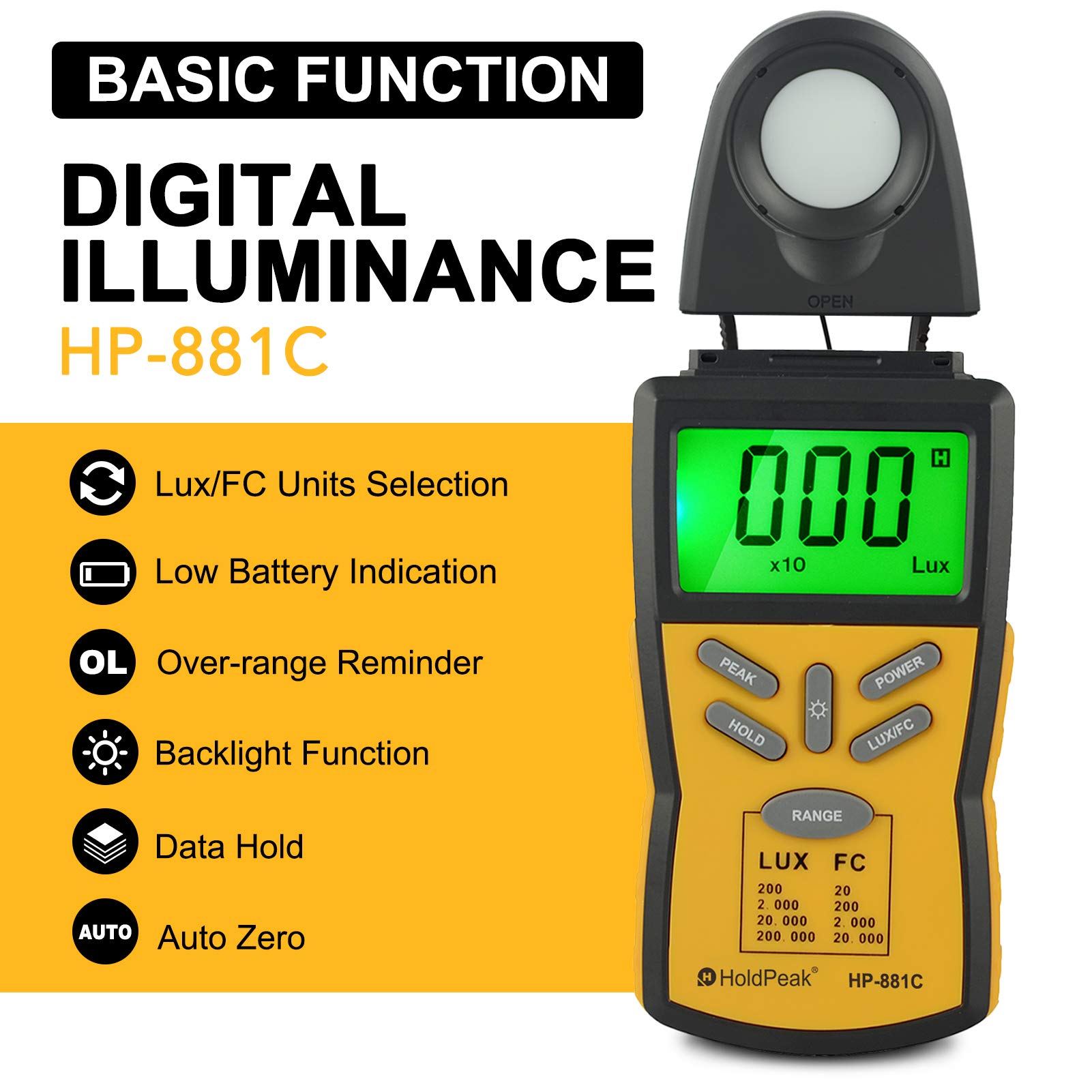 Digital LUX Meter HOLDPEAK 881C Light Meter Measure Range 0.1200,000