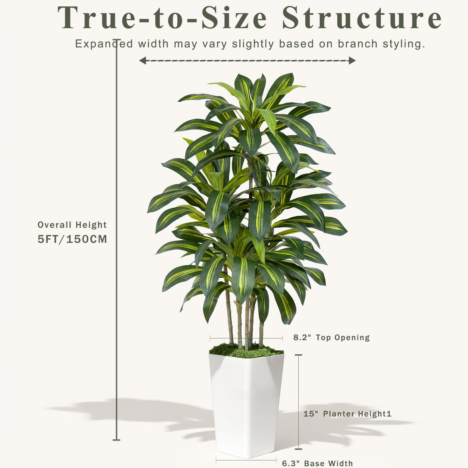 150cm Künstliche Pflanzen Dracaena Kunstpflanze Groß mit Topf Mit Planter aus weiß Kunstpflanzen wie echt für Drinnen Haus Wohnzimmer Dekoration Schlafzimmer Büro Garten (1 Stück)