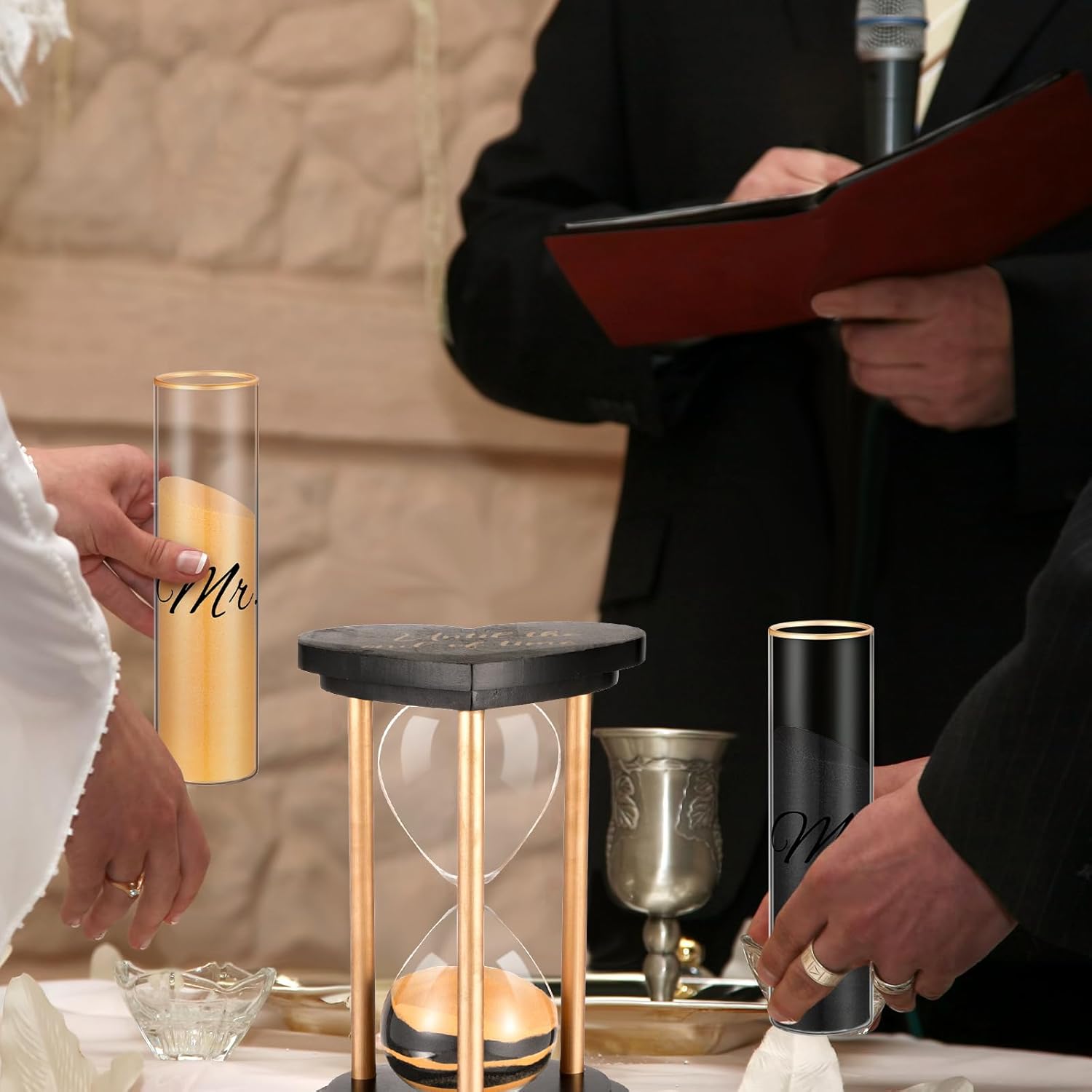 Unity Sand for Wedding Ceremony Set Include Wooden Unity Hour Glass 2 Vase 2 Bag Sand 1 Funnel for Wedding Engagement Anniversary Table Decorations (Black Gold,Retro)