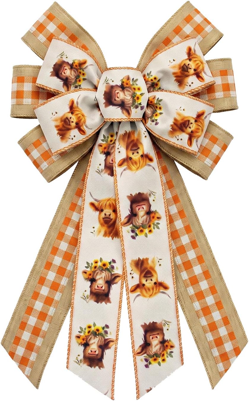 Large Thanksgiving Wreath Bow Fall Bows for Wreath, Autumn Thanksgiving Pinecone Sorbus Maple Leaf Ribbon Bows, Wired Edge Burlap Bow for Front Door Tree Topper Harvest Farmhouse Home Decoration