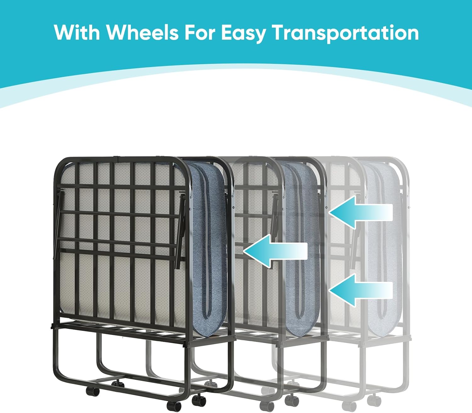 CECER Folding Bed with 5" Memory Foam Mattress,75" x 31" Rollaway Bed for Adults,Twin Size Portable Foldable Bed with Sturdy Metal Frame & with Lockable Wheels,Space Saving,Easy Moving - Image 7