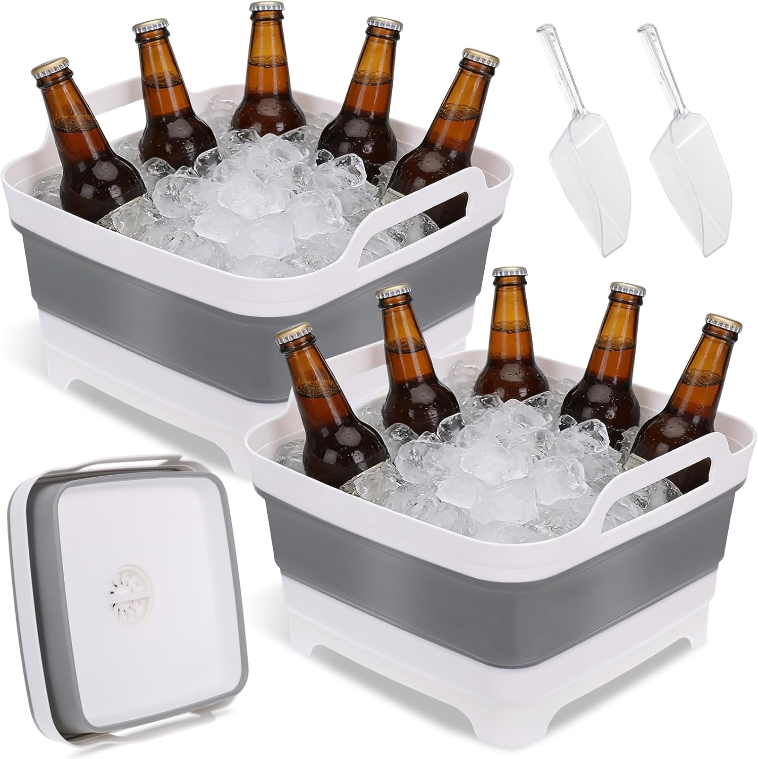 2 Pack Ice Buckets for Parties, Foldable Beverage Tub with Scoop, Collapsible Ice Bucket for Wine Beer Champagne, Beer Ice Buckets Drink Cooler, Space Saving Ice Storage Tub Ice Cube Bin (2 * 8.5L)