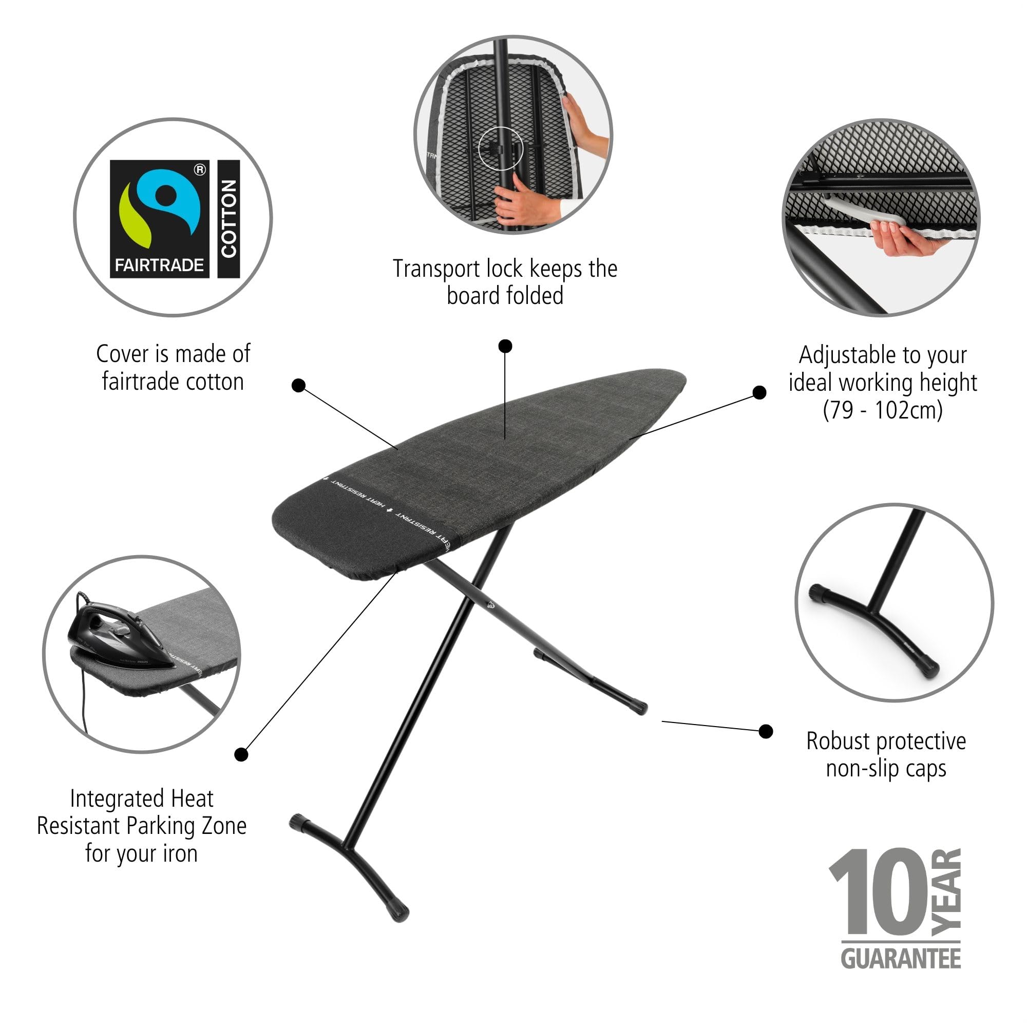 Brabantia Ironing Board D, 135x45cm - Denim Black | 100% Fairtrade Cotton | XL Ironing Board & Wide Surface | Heat Resistant Zone for Steam Generators | Foldable Iron Table & Sit-Down Use