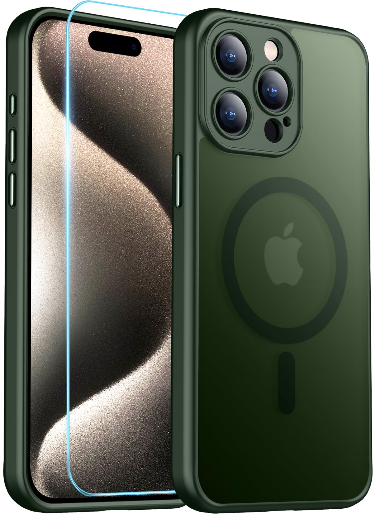 Red2Fire Magnetic for iPhone 15 Pro Case,Upgraded Full Camera Protection,Compatible with Magsafe,Shockproof Protective Translucent Matte Phone Case for iPhone 15 Pro - Dark Green