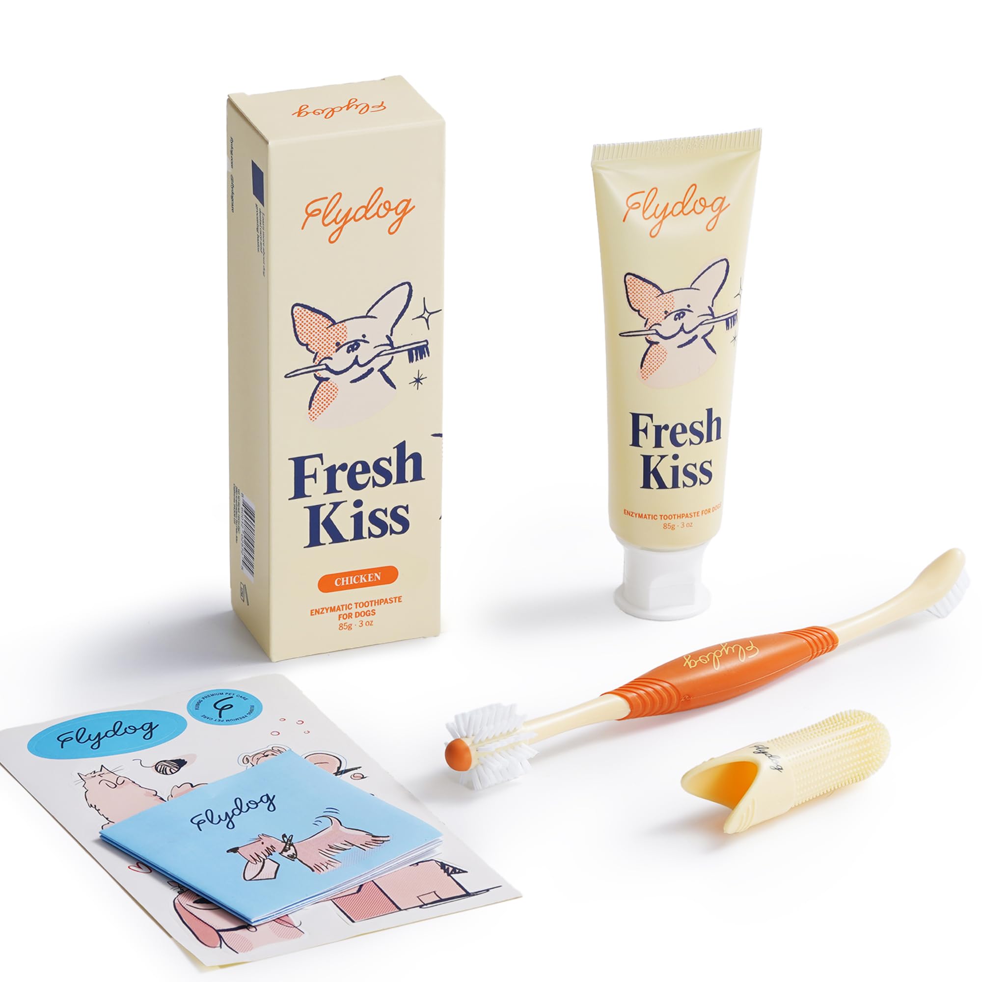 Flydog Fresh Kiss Dog Tooth Brushing Kit, Enzymatic Dog Toothbrush and Toothpaste- Vet Approved Formula, Breath Freshener & Tartar Remover, 360° Toothbrush & Finger Brush (Chicken)