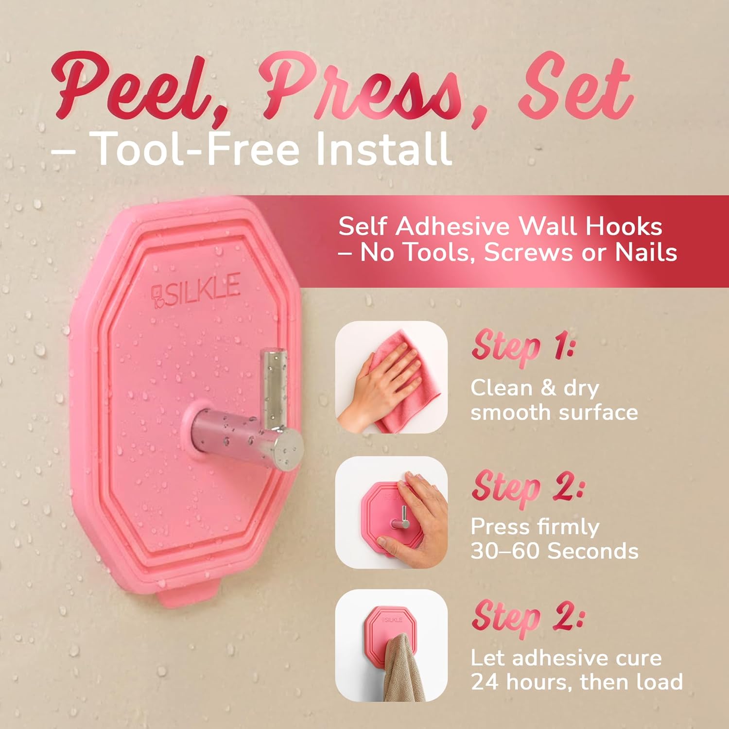 SILKLE Adhesive Silicone Shower Hooks - Adhesive Wall Hooks & Towel Holder for Bathroom, Tile, Glass, No-Drill, Waterproof & Rustproof, Heavy-Duty Stainless Steel, Damage-Free Removal - 2 Pack, Pink
