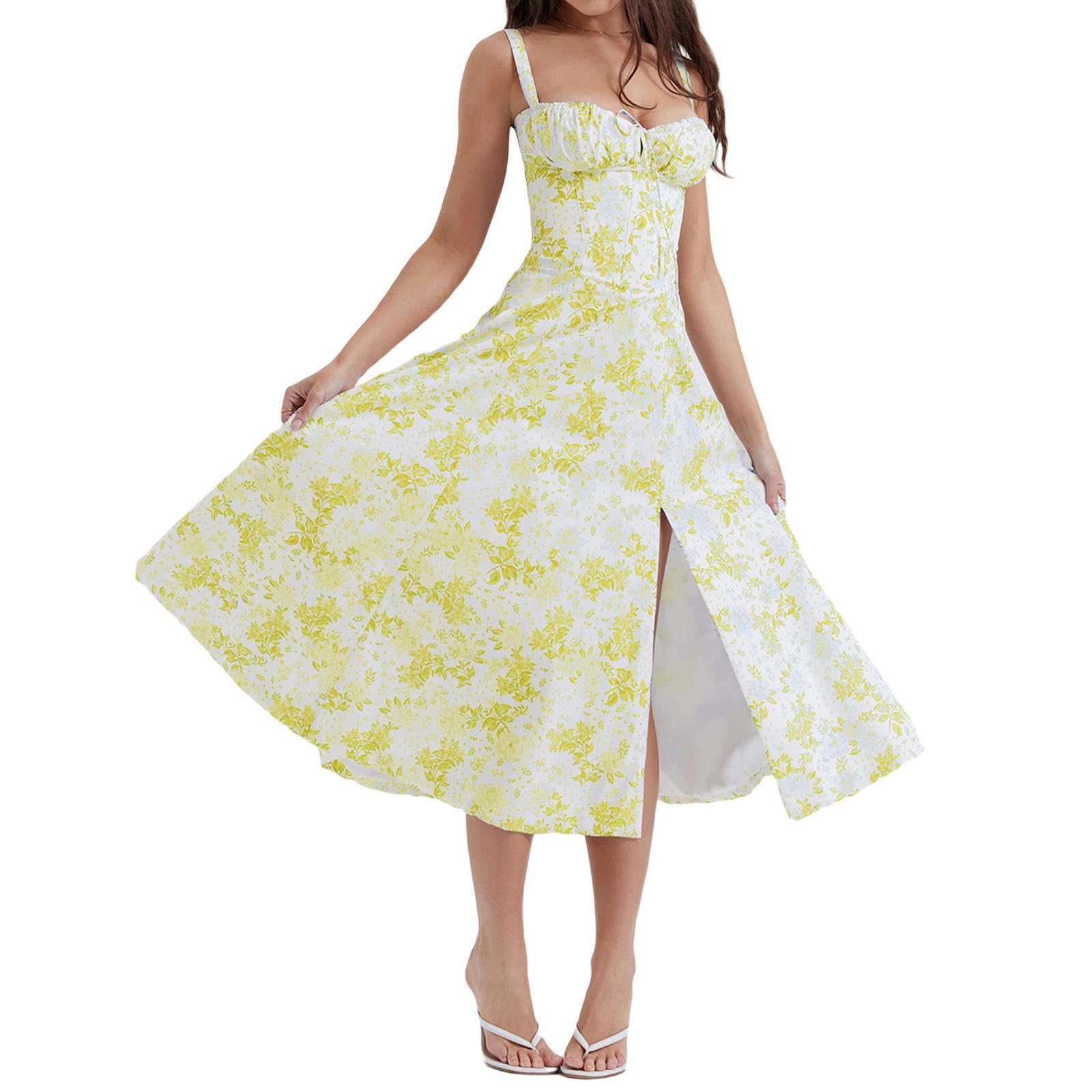 Abito Estivo Abiti Delle Donne Slim Backless Slit Sling Abito Lungo Femminile Estate Senza Maniche Vita Alta Moda Temperamento Vestito, HUTALIM, Fiore giallo, m