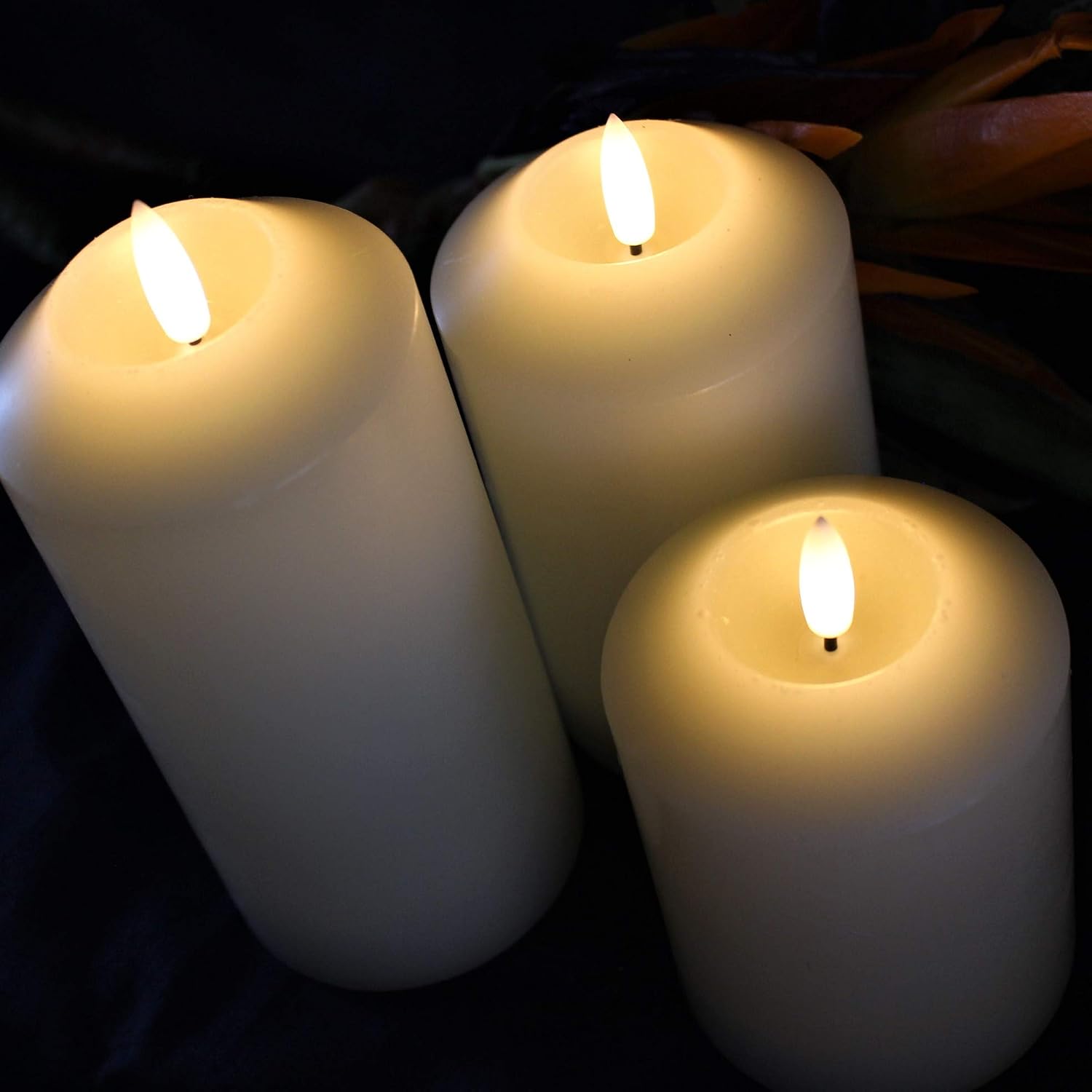 LED Lytes Timer Candles Battery Operated, 3 Ivory Wax Pillar Decorative Candle Set, Realistic Flameless Flickering 3D Flame and Wick with 6 Hour Timers