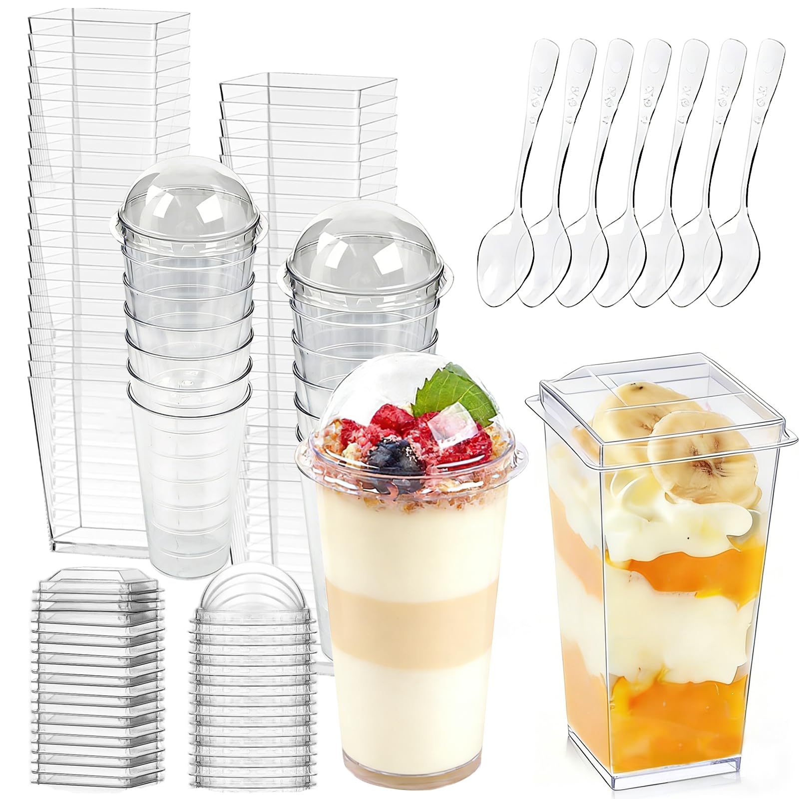 100 Pack 3 oz Plastic Dessert Cups with Dome Lids and Spoons, Disposable Clear Parfait Pudding Jello Shooter Cups for Yogurt Ice Cream Trifle, Party Serving Bowls for Fruit Appetizer Candy Nuts