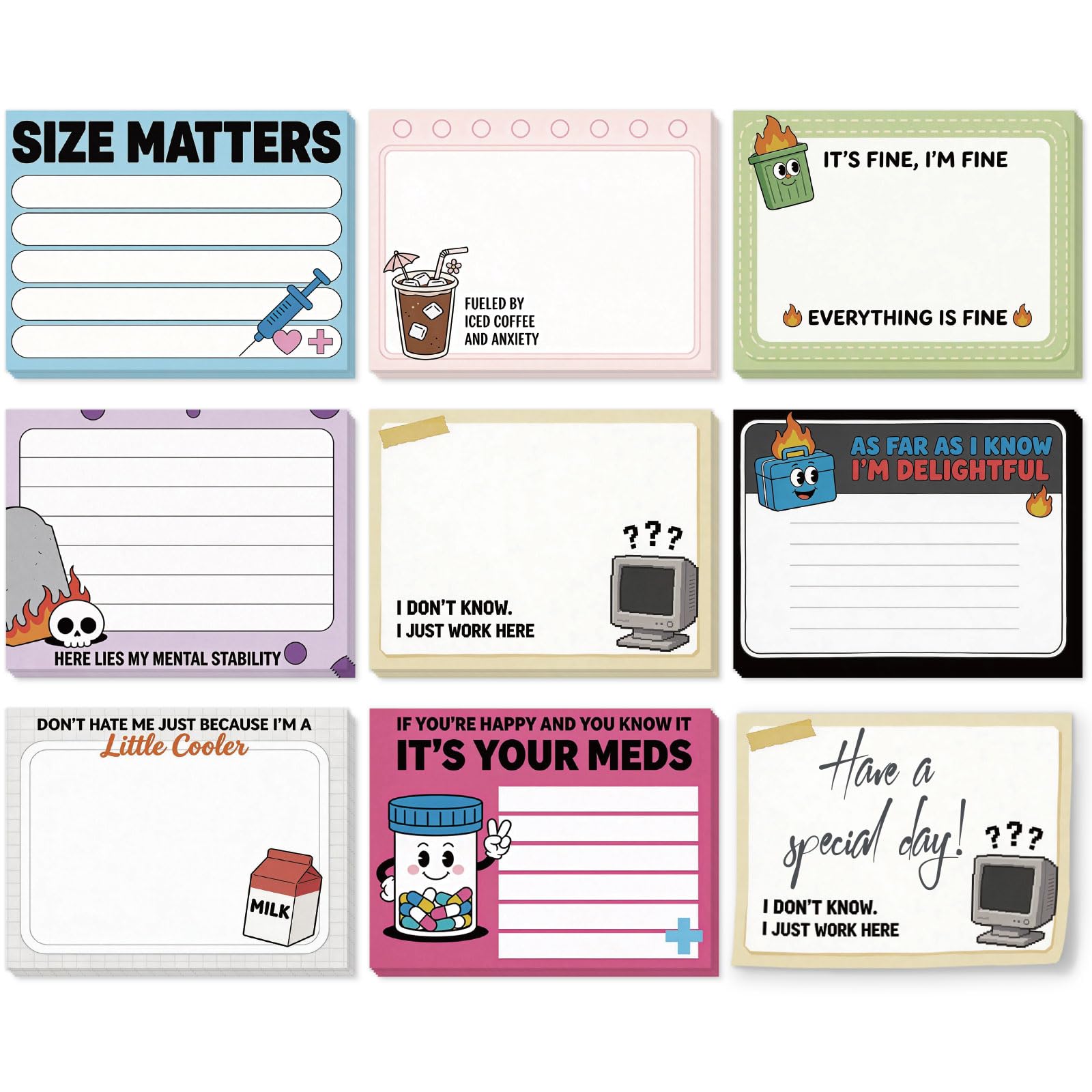 GLOBLELAND 8 Pads 400 Sheets Funny Sarcasm Sticky Notes Set 4x3 inch to Do List Self-Adhesive Memo Pads Post it Notes for Journaling Meeting Office Planners Craft Lovers