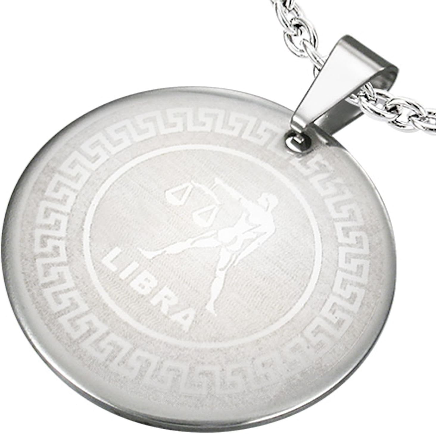 Etched Stainless Steel Libra Scales Zodiac Sign Circular Pendant