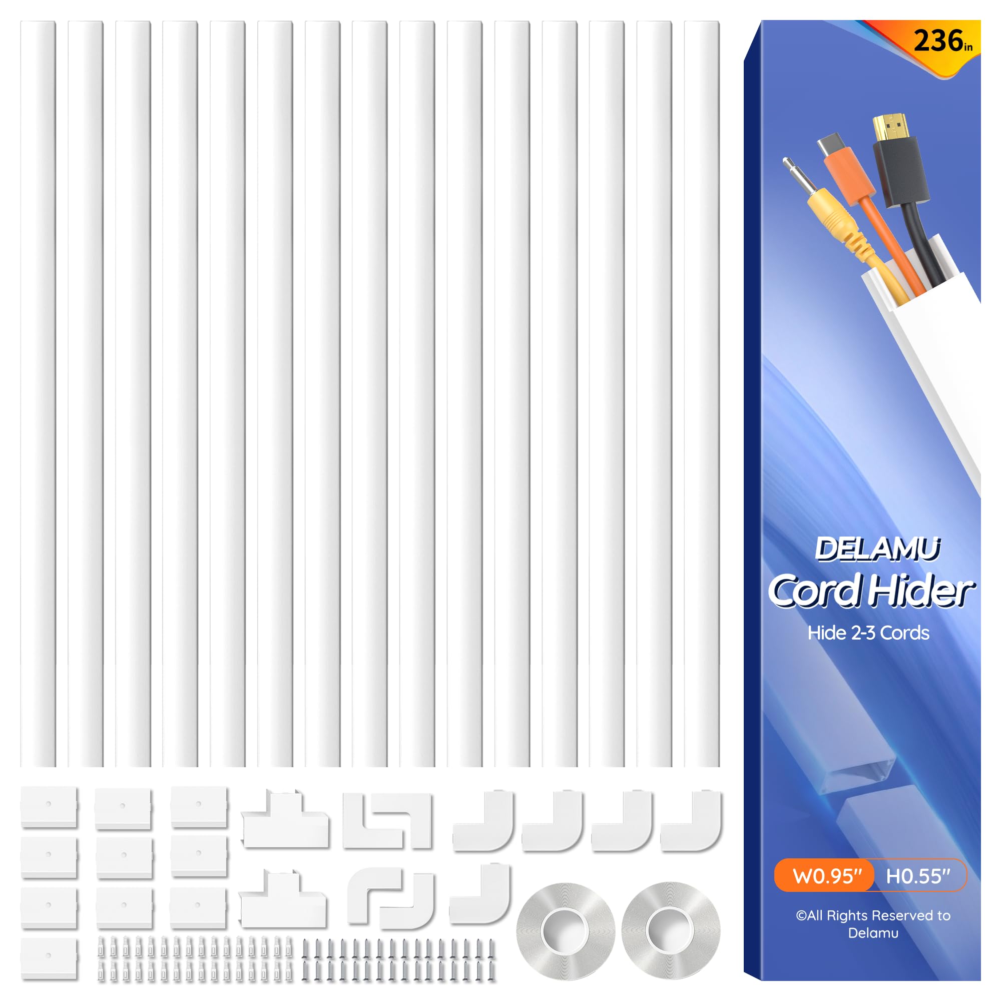 Delamu Electric Cable Trunking, 6M Cable Cover Wire Hiders for Wall, Self Adhesive Wire Trunking, Cable Management to Hide 2-3 Power Cords in Home Office, 15X L400mm, W24mm, H14mm, White — image 1