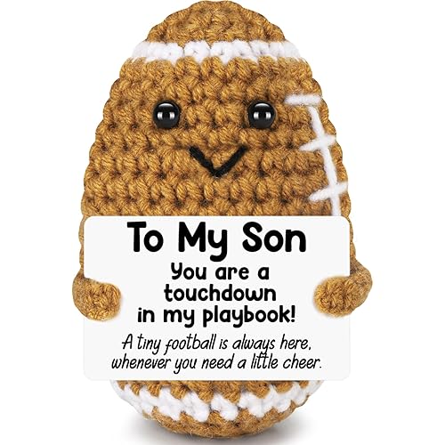 Mini Funny Son Gifts from Mom Dad, Birthday Gifts for Adults Boys Bonus Step, Positive Football Doll Cheer Up Presents with Inspirational Card, Handmade Emotional Crochet Football for Graduation